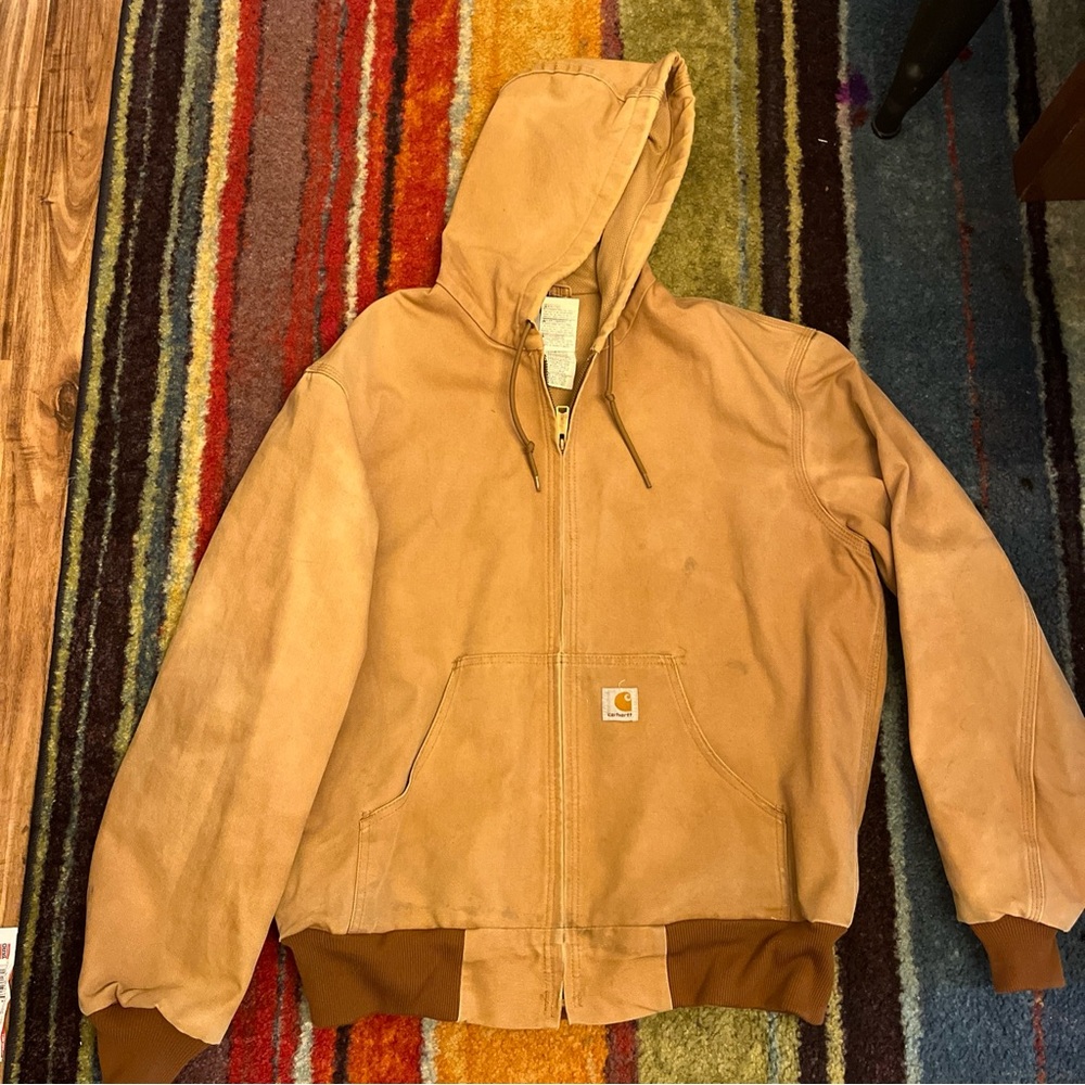 Carhartt Jacket Brown Hooded J131 Size Medium Mens Distressed Work Jacket